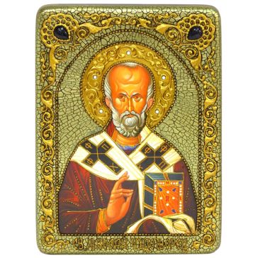 Подарочная икона Николая Чудотворца, с самоцветами и натуральным жемчугом