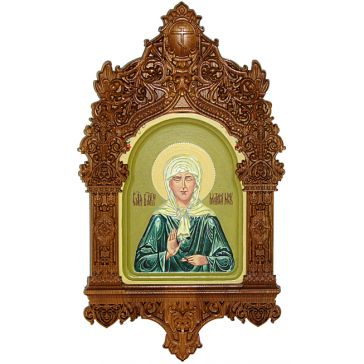 Рукописная икона на кипарисовой доске «Блаженная старица Матрона Московская», икона в резном киоте